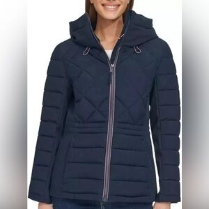 Women's Quilted Hooded Jacket - Navy size large